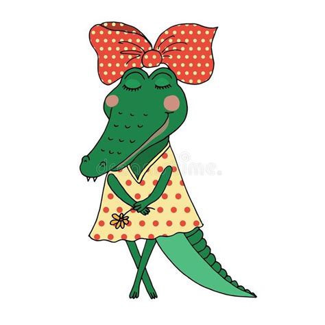 Crocodile Girl With Closed Eyes Having Flower In Her Hand Cute