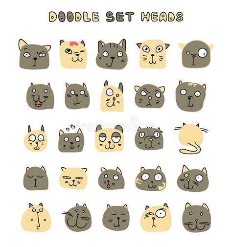 Set 25 Doodle Cats With Different Emotions Handmade Cat Face Stock