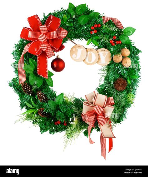 christmas wreath, red ribbon bow, isolated on white background ...