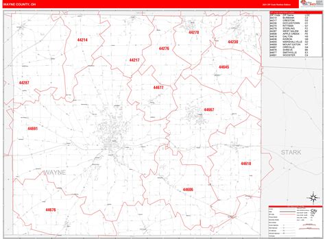 Wayne County, OH Zip Code Wall Map Red Line Style by MarketMAPS