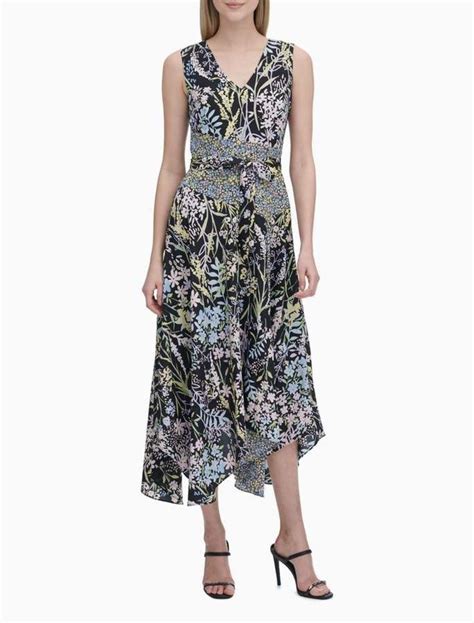 Calvin Klein Printed V Neck Belted Maxi Dress Short Sleeve Floral