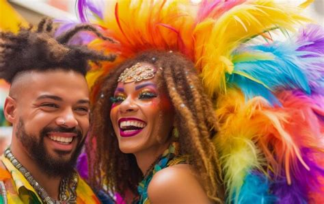 Pareja Feliz Celebrando En El Desfile Del Orgullo Gay Lgbtq En Sao Paulo Mes Del Orgullo En