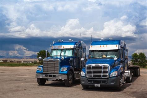 Two Typical American Blue Freightliner Trucks Editorial Image Image