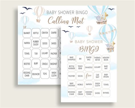 Hot Air Balloon Baby Shower Bingo Cards Printable Blue White Baby Shower Boy Prefilled