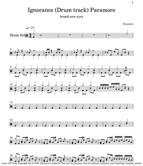 Ignorance (Drum track) Paramore - Sheet music for Drum Set