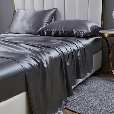 Anminy King Satin Silk Sheets Set Dark Gray Deep Pocket 4 Pieces