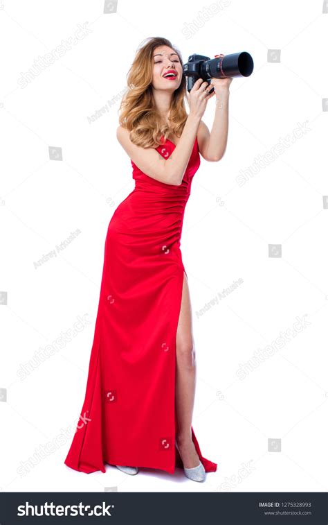 Happy Blonde Photographer Woman Sexy Red Stock Photo Shutterstock