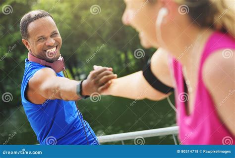 Friends Handshake Active Running Outdoors Concept Stock Photo Image