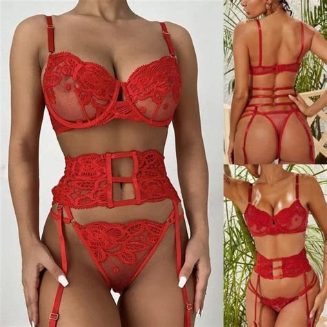 Soutien Gorge 3Pc Fleur Broderie Dentelle Femmes Lingerie Sexy String