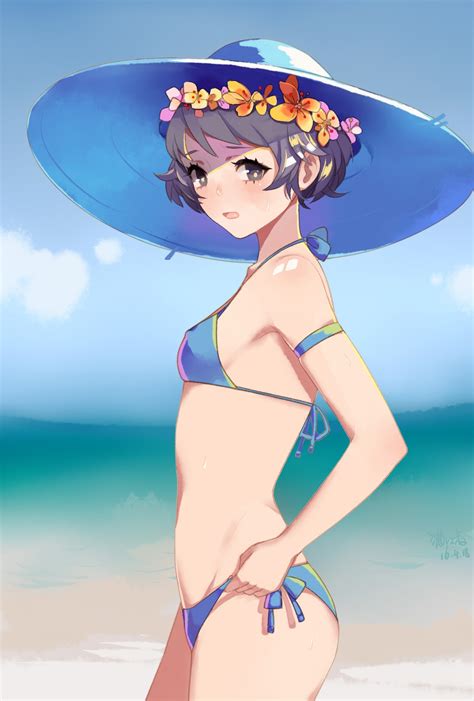 Wallpaper Anime Girls Bikini Hat Short Hair Sea Beach 1181x1748 Maharaj 1372177 Hd