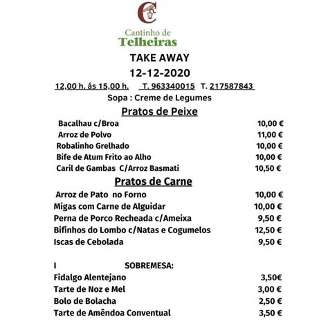 Menu Em Cantinho De Telheiras Restaurante Lisboa R Prof Barbosa