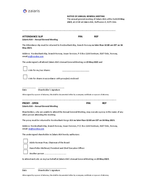 Fillable Online Attendance Slip Pin Ref Proxy Fax Email Print Pdffiller