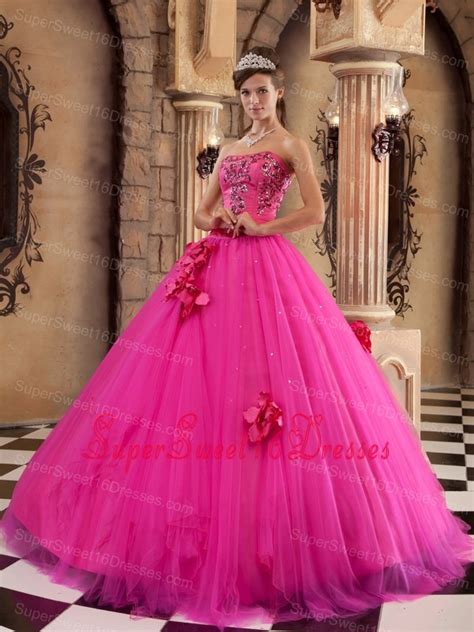 Hot Pink Strapless Flowers Satin Tulle Beading Sweet 16 Quinceanera Dress