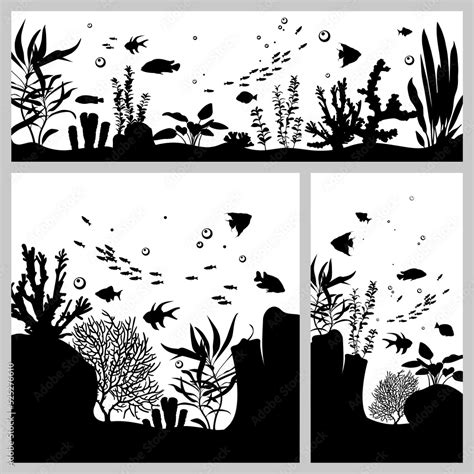 Black And White Silhouette Of A Sea Coral Reef Seascapes With Fish