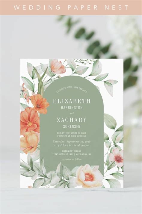 Budget Floral Arch Sage Peach Wedding Invitation Zazzle Peach