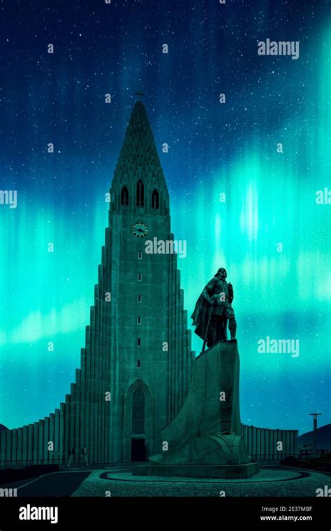 Aurora Borealis Northern Lights Shining Over The Church Hallgrimskirkja