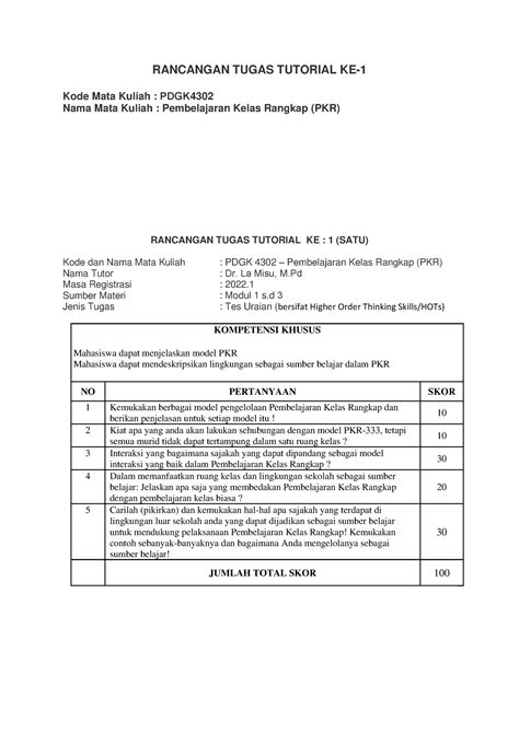 Rancangan Tugas Tutorial Ke 1 PKR RANCANGAN TUGAS TUTORIAL KE