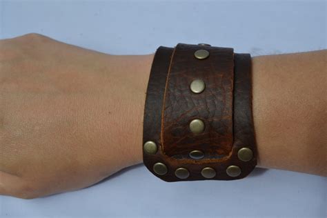 Brown Leather Wrap Cuff Bracelet With Bronze Rivets Etsy