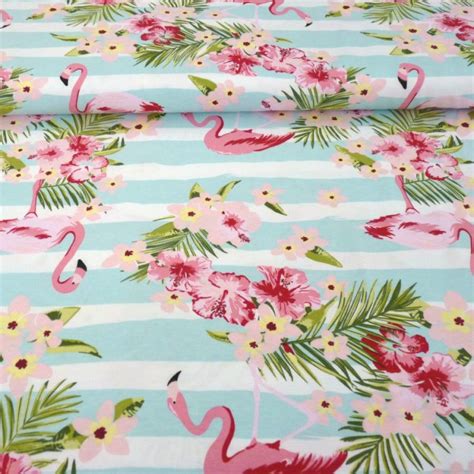 Tissu Jersey Flamants Roses Et Fleurs Tropicales