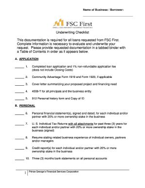 Fillable Online Underwriting Checklist This Documentation Is Required