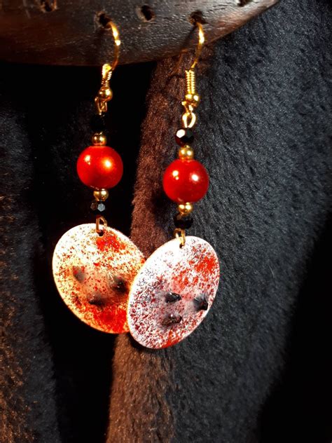 Boucles D Oreilles Fantaisie Breloque Rouge Et Noir Cuivre Maill Par