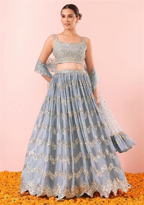 Buy Women Blue Chevron Sequin Embroidered Lehenga Set With Mirror