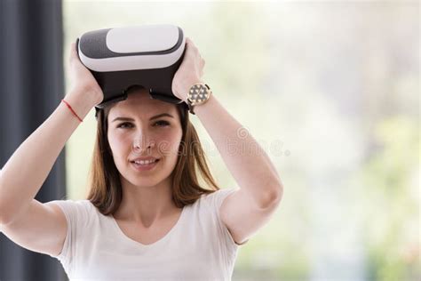 Woman Using Vr Headset Glasses Of Virtual Reality Stock Photo Image