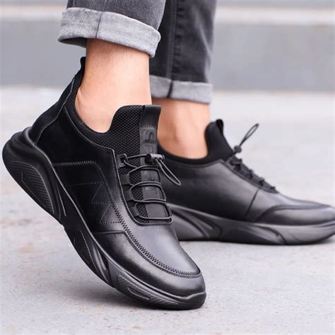 Mens Black Leather Height Increasing Trainers Shoes That Make You Taller