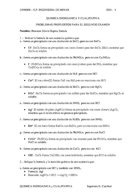 Problemas Para El Segundo Examen Quimica Inorganica Y Cualitativa