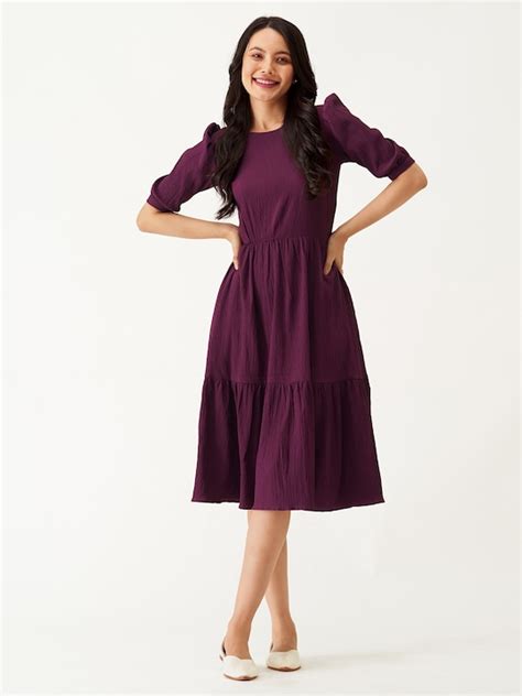 Puff Sleeve Crepe Fit Flare Dress Flatshop