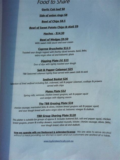 Menu at Taylors Beach Bar, Esperance