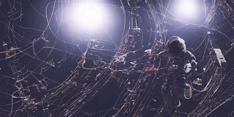 Astronaut Entangled By A Lot Of Cables Connected To A Stable