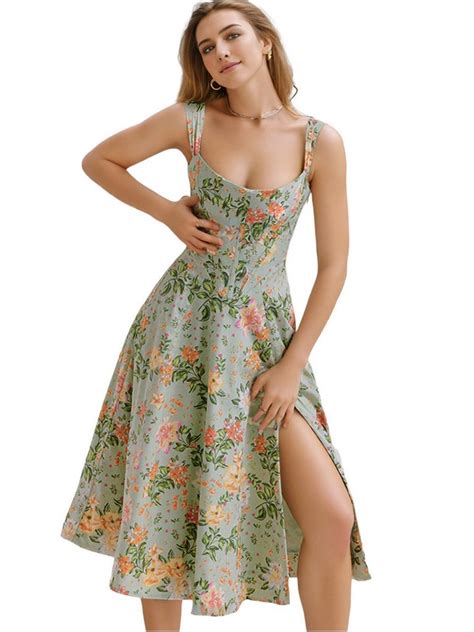 Enix Trägerkleid Damen Boho ärmelloses Spaghettiträger Midi Sommerkleid Trägerkleid Frühlings