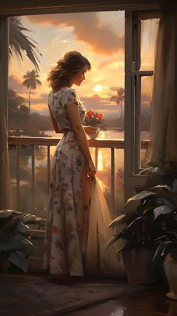 Premium Photo Epic Balcony Sunrise Impressionist Painting Of A Women