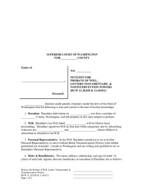 Fillable Online Washington Petition For Probate Of Will Letters