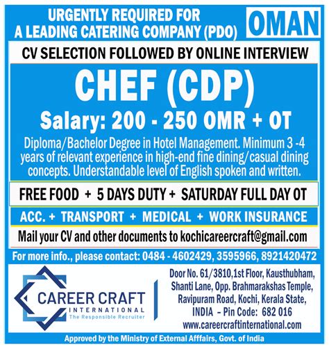 Chef Jobs In Muscat Oman Urgently Required