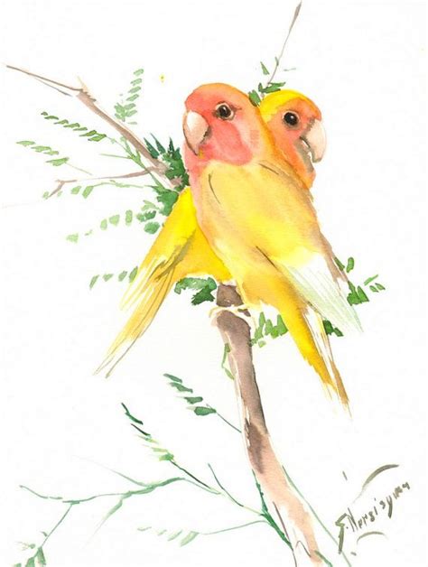 Yellow Lovebirds Original Watercolor Painting 12 X 9 In Etsy Yellow