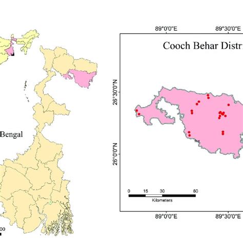 Map of Cooch Behar District showing sample collection sites (red dots)... | Download Scientific ...