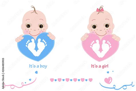 Twin baby girl and boy. Baby feet and hand print. Baby arrival card pink, blue colored hearts ...