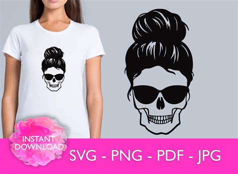 Messy Bun Skull Svg Skull Mom Svg File Black And White Etsy