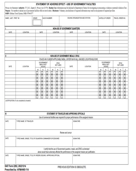 Daf Form 2282 Statement Of Adverse Effect Use Of Government