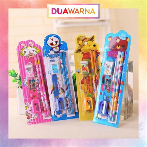 Jual DuaWarna Alat Tulis Set Mini Stationary Set Sekolah 5 In 1 Pensil