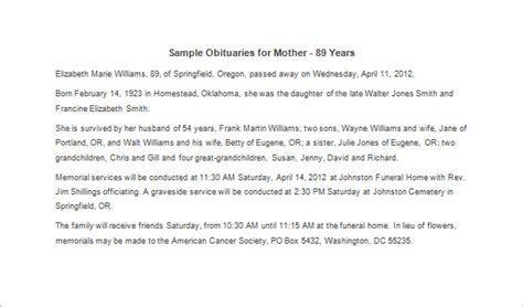 Sample Obituary For Mother Template Business