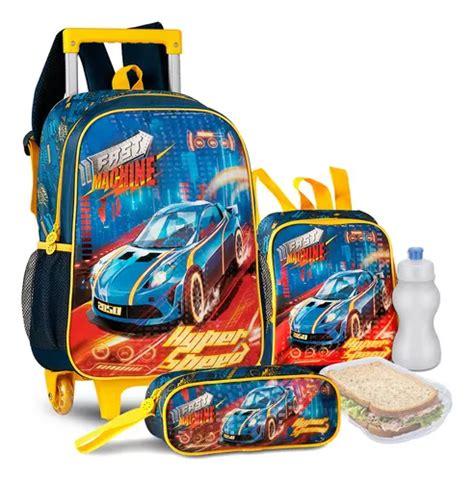 Kit Mochila Masculina Hot Carrinho Escolar Lancheira Estojo Parcelamento Sem Juros