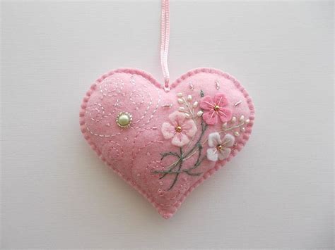 Heart Ornament Pink Felt Heart Hanging With Hand Embroidered Felt Flowers Swirls And Dots