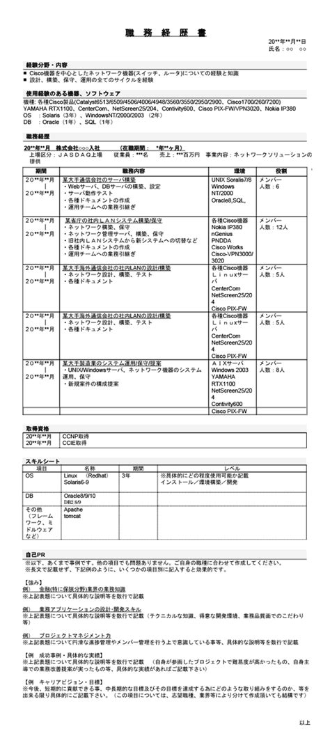 ネットワークエンジニアの職務経歴書の書き方見本＆フォーマットテンプレートダウンロード｜転職エージェントのパソナキャリア