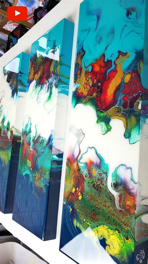 Crazy Cells And Aqua Colors Acrylic Pouring Triptych Ocean Art Open