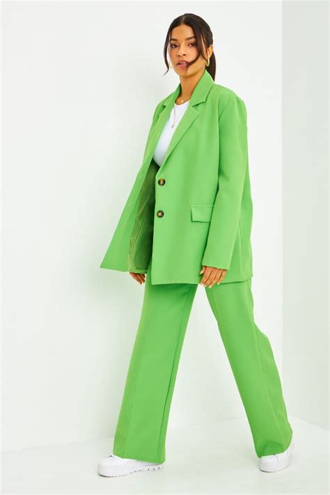 Ensemble 2 Pièces Blazer Pantalon De Tailleur Oversize Vert