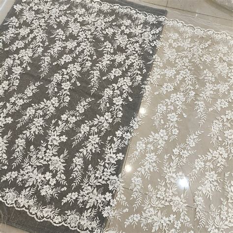 Ivory Sequin Flower Lace Fabric Floral Leaves Lace Material For Bridal