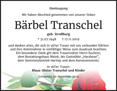 Traueranzeigen Von B Rbel Transchel Abschied Nehmen De